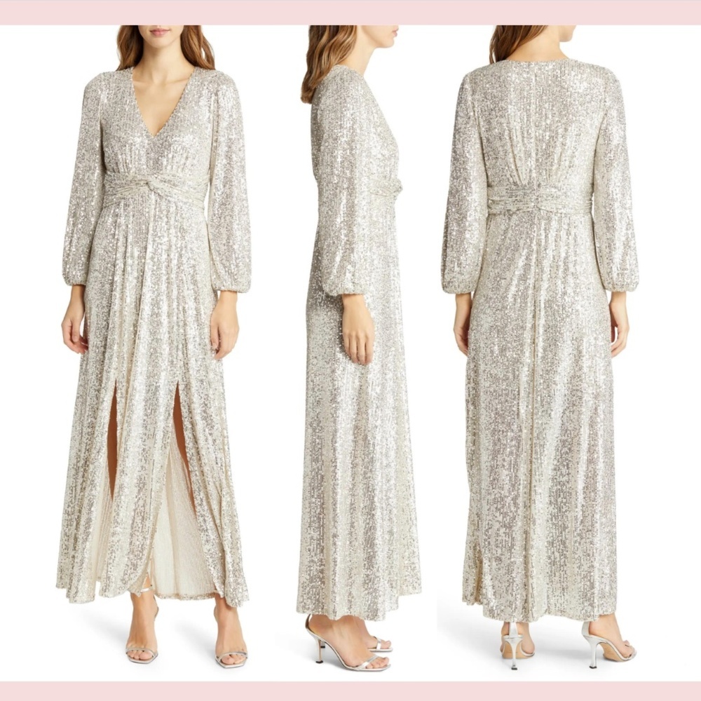 NEW $228 Pisarro Nights [‎ 18 ] Sequin Long Sleeve A-Line Gown Cream/Silver